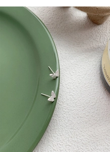 Détail macro de boucles d'oreilles papillon en argent sur un bord de plat vert