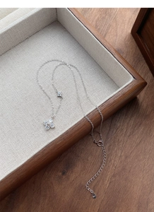 Detail of S925 sterling silver four-leaf clover pendant with sparkling zircon micro-inlay