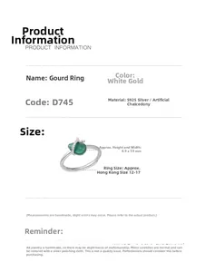 Macro view of S925 silver ring with green chalcedony gourd and detailed size dimensions