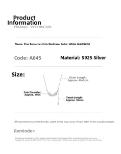 Detailed specs of S925 silver five coins necklace with tassel and dimensions