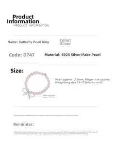 Detail view of S925 silver butterfly pearl elastic ring with 2.5mm beads and bow charm