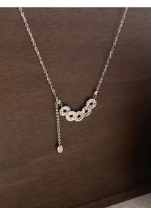 Detail view of S925 silver necklace with Five Emperor coins and Fu character charm