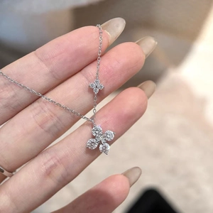Elegant 925 Sterling Silver Four Leaf Clover Pendant Necklace With Zirconia Sparkling Floral Double Pendant Clavicle Chain Jewelry For Women