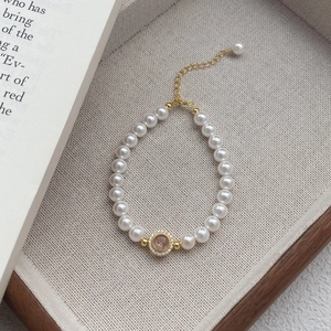 Elegant 925 Sterling Silver Artificial Pearl Bracelet Pink Round Gemstone Inlaid Zirconia French Style Adjustable Hand Jewelry For Women