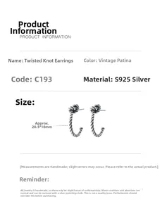 Detail view of S925 sterling silver knotted earrings showing twisted texture and dimensions