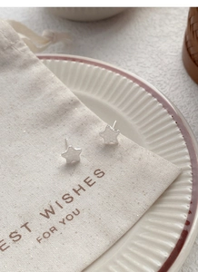 Detailed view of S999 silver star stud earrings with a textured finish on a gift pouch