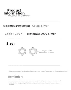 Vue détaillée des boucles d'oreilles hexagramme en argent S999 avec dimensions de 5,5 mm
