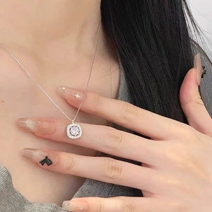S999 Sterling Silver Square Halo Pendant Necklace Sparkling Rhinestone Box Chain For Women Fashion Jewelry Elegant Clavicle Chain Gift