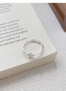 Gros plan d'une bague en argent fleur d'iris brossé posée sur des pages de livre