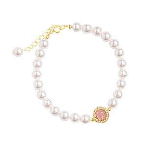 S925 Sterling Silver Pink Pearl Bracelet with Round Golden Rhinestone Charm and Adjustable Chain
