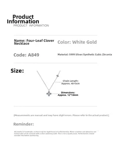 Detail specifications for S999 sterling silver clover necklace with dimensions and materials