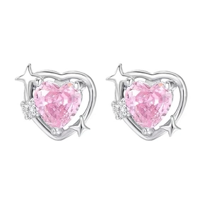 Boucles d'oreilles cœur en argent S999 avec pierre rose et accents d'étoiles