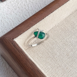 S925 silver chalcedony gourd ring with green gemstones and adjustable band for women