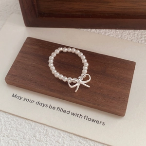 S925 Sterling Silver Bowknot Artificial Pearl Ring Sweet Minimalist Elastic Beaded Ring For Women Fashion Handcrafted Jewelry Gift
