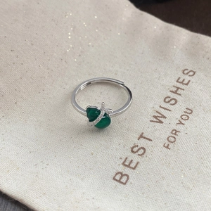 S925 sterling silver ring with green chalcedony gourd and sparkling diamonds for women
