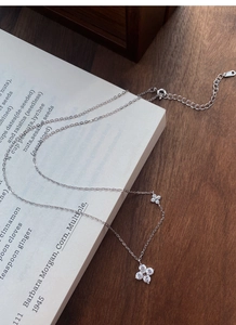 Detail of S925 sterling silver four-leaf clover pendant with sparkling cubic zirconia gems