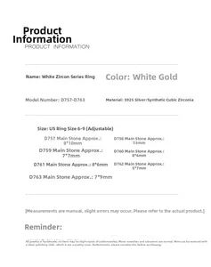 Size specifications chart for S925 sterling silver rings with cubic zirconia main stones