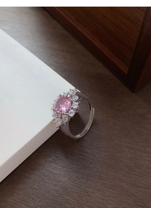 Detailed macro view of the S925 sterling silver ring with a large pink zircon center stone