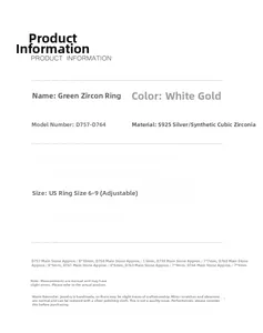 Detailed size chart and specifications for S925 sterling silver emerald zircon rings
