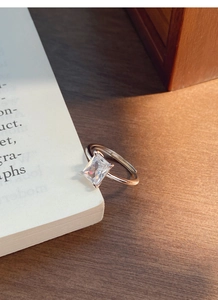 Macro shot of S925 sterling silver ring with large rectangular cubic zirconia setting