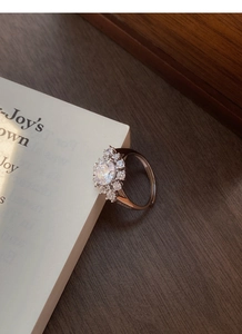 Macro detail of S925 silver ring featuring a sparkling central cubic zirconia and halo petals
