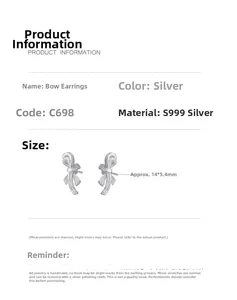 Macro shot showing S999 sterling silver bow earrings dimensions of 14 by 5.4 mm on white background
