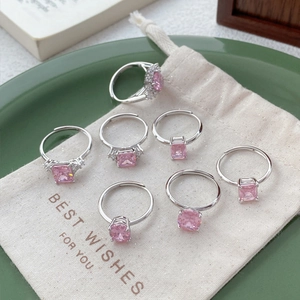 7-piece S925 sterling silver ring set with pink zircon stones in a luxury open adjustable design