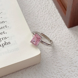 S925 silver adjustable ring featuring a radiant emerald-cut pink zircon gemstone