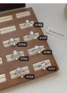 Set of seven S925 sterling silver rings with various zircon cuts on a luxury display