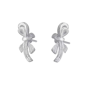 Elegant S999 sterling silver bow knot stud earrings with a brushed metallic finish