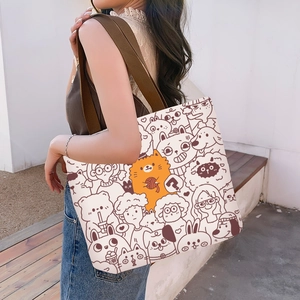Sac Cabas en Toile Femmes Grande Capacité Sac à Bandoulière Casual Mignon Imprimé Cartoon Sac à Main Sac d'École Étudiant