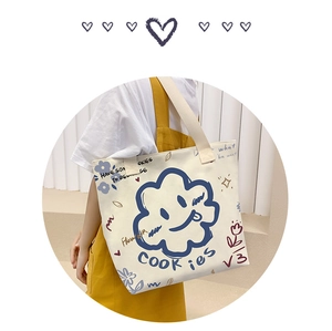 Detail of canvas tote bag with smiley cloud print and durable ribbon handle for daily use