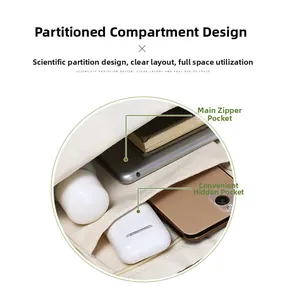 Detail view of canvas bag interior with scientific compartments and zipper pockets
