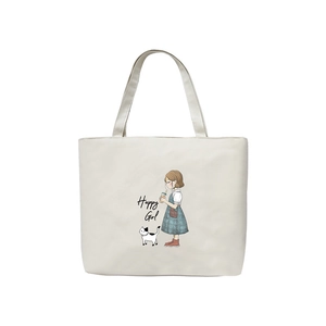 Large white canvas tote bag for women featuring a cute cartoon happy girl and cat illustration