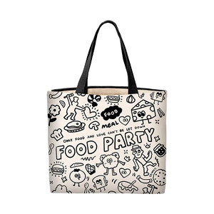 Off-white canvas tote bag with black cartoon food doodle print and wide shoulder straps