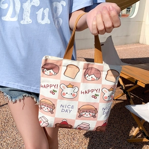 Cute canvas lunch bag with cartoon rabbit print and checkerboard design for daily commute
