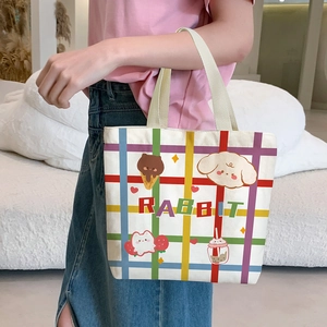 Minimalist canvas lunch tote bag with rabbit puppy cartoon print and colorful grid pattern
