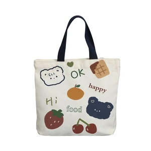 Small canvas lunch bag with cartoon bear and fruit patterns for daily commuting