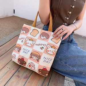 Checkerboard canvas tote bag with cute cartoon girl and bear prints for daily commute