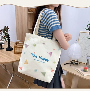 Japanese style canvas tote bag for women, casual shoulder bag with cute geometric prints.