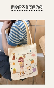 Casual canvas tote bag for women, Japanese style shoulder handbag with cute cartoon print daily use.