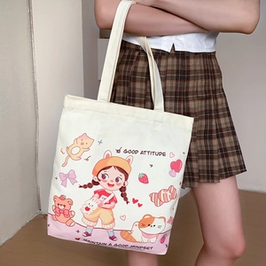 Japanese style canvas tote bag for women, cute cartoon print shoulder bag for daily casual use.