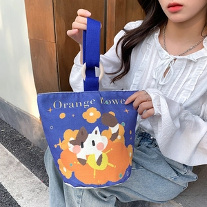 Minimalist navy blue canvas bucket bag with cute cat prints and wooden rings