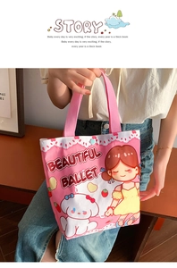 Detail of pink canvas tote bag featuring cute cartoon girl and puppy with snap button