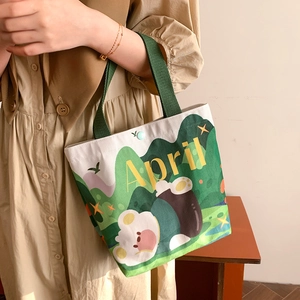 Cute Cartoon Canvas Tote Bag Large Capacity Handbag For Women Students Portable Lunch Bag Korean Style Graphic Print Bag