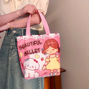 Pink canvas handbag featuring cartoon ballet girl print for casual large capacity daily use