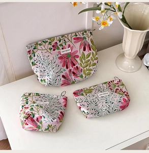 Three-piece set of floral canvas makeup bags in pink with vintage flower patterns
