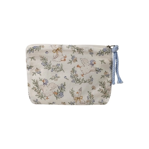 Mini canvas coin purse with cute duck and blueberry print, features blue zipper pull
