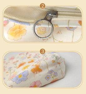 Detail of floral cartoon toiletry bag featuring metal ring zipper and premium stitching