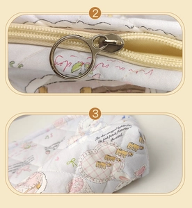 Detailed view of the cute sheep print quilting fabric and high-quality metal zipper